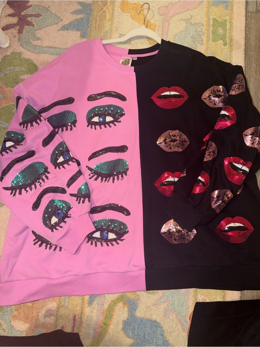 QUEEN OF SPARKLES Pink & Black Sequin Eye and Lip Crewneck